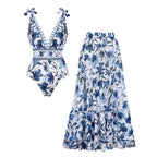 Women's V-Neck Lace-Up Floral Printed One-Piece Swimsuit & Long Skirt Set Tie Shoulder Beach Vacation Resort Pool Party Cruise Honeymoon – Blue & White - Lolly 