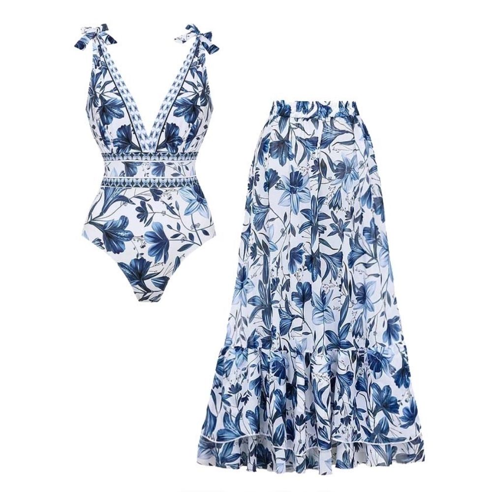 Women's V-Neck Lace-Up Floral Printed One-Piece Swimsuit & Long Skirt Set Tie Shoulder Beach Vacation Resort Pool Party Cruise Honeymoon – Blue & White - Lolly 