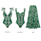 Women's V-Neck Lace-Up Printed One-Piece Swimsuit & Long Skirt Set Casual Beach Vacation Summer Resort Cover-Up – Green Floral - Lolly 