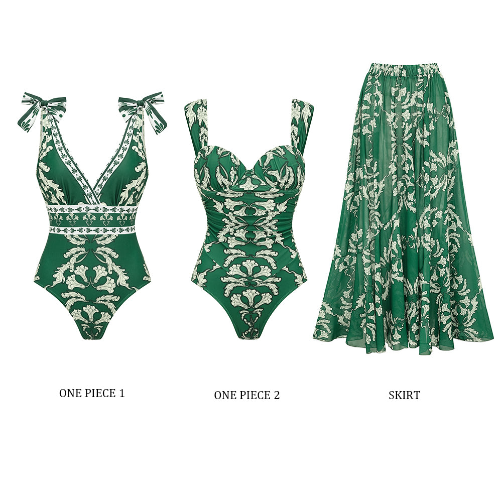 Women's V-Neck Lace-Up Printed One-Piece Swimsuit & Long Skirt Set Casual Beach Vacation Summer Resort Cover-Up – Green Floral - Lolly 
