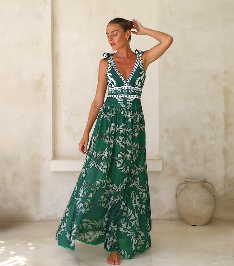 Women's V-Neck Lace-Up Printed One-Piece Swimsuit & Long Skirt Set Casual Beach Vacation Summer Resort Cover-Up – Green Floral - Lolly 