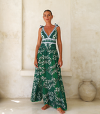 Women's V-Neck Lace-Up Printed One-Piece Swimsuit & Long Skirt Set Casual Beach Vacation Summer Resort Cover-Up – Green Floral - Lolly 