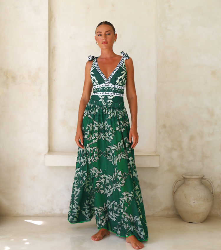 Women's V-Neck Lace-Up Printed One-Piece Swimsuit & Long Skirt Set Casual Beach Vacation Summer Resort Cover-Up – Green Floral - Lolly 