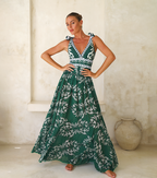 Women's V-Neck Lace-Up Printed One-Piece Swimsuit & Long Skirt Set Casual Beach Vacation Summer Resort Cover-Up – Green Floral - Lolly 