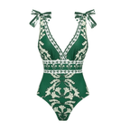 Women's V-Neck Lace-Up Printed One-Piece Swimsuit & Long Skirt Set Casual Beach Vacation Summer Resort Cover-Up – Green Floral - Lolly 