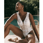 Women's V-Neck Laser Cut Floral Hollow-Out One-Piece Swimsuit & Long Skirt Set Beach Vacation Resort Pool Party Cruise Honeymoon – White - Lolly 