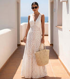 Women's V-Neck Laser Cut Floral Hollow-Out One-Piece Swimsuit & Long Skirt Set Beach Vacation Resort Pool Party Cruise Honeymoon – White - Lolly 