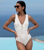 Women's V-Neck Laser Cut Floral Hollow-Out One-Piece Swimsuit & Long Skirt Set Beach Vacation Resort Pool Party Cruise Honeymoon – White - Lolly 