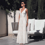 Women's V-Neck Laser Cut Floral Hollow-Out One-Piece Swimsuit & Long Skirt Set Beach Vacation Resort Pool Party Cruise Honeymoon – White - Lolly 