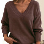 Women's V-Neck Long Sleeve Knit Sweater Cashmere Blend Pullover Casual Winter - Lolly 