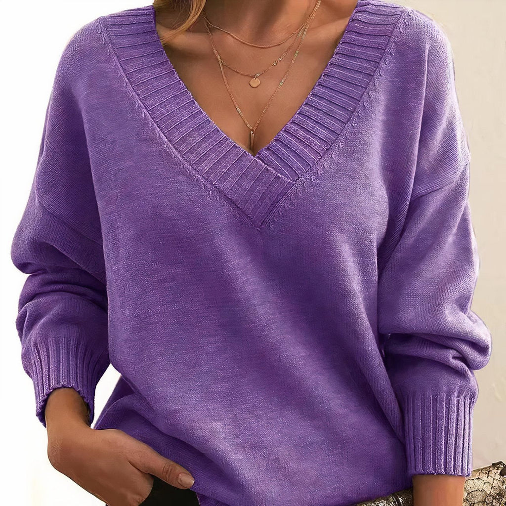 Women's V-Neck Long Sleeve Knit Sweater Cashmere Blend Pullover Casual Winter - Lolly 