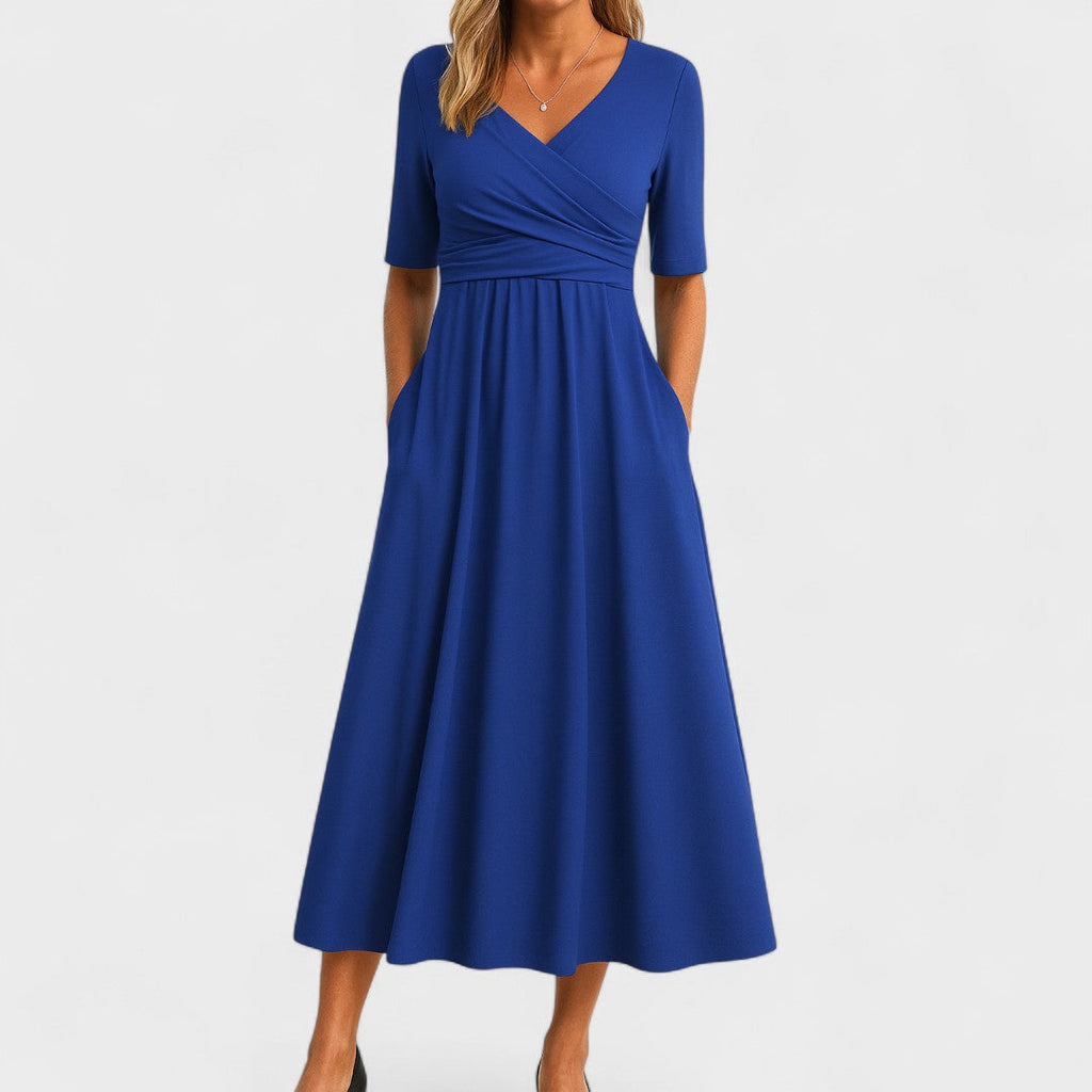 Women's V-Neck Short Sleeve Jersey Midi Dress Wedding Guest Formal Elegant Casual Wrap – Jessica - Lolly 