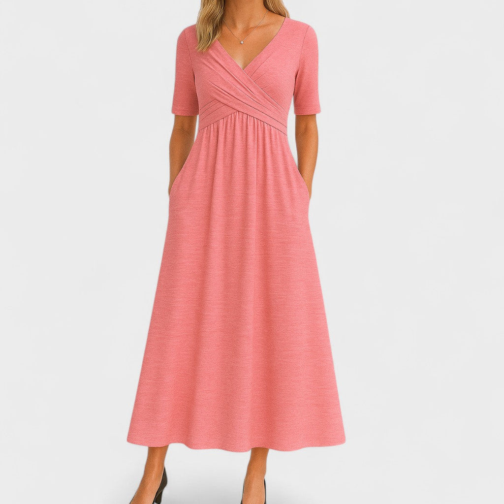 Women's V-Neck Short Sleeve Jersey Midi Dress Wedding Guest Formal Elegant Casual Wrap – Jessica - Lolly 