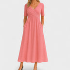 Women's V-Neck Short Sleeve Jersey Midi Dress Wedding Guest Formal Elegant Casual Wrap – Jessica - Lolly 