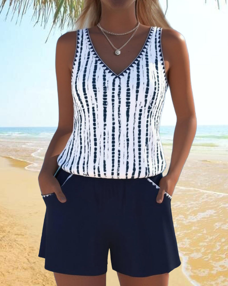 Women's V-Neck Striped Pocket Tankini Set Solid Shorts Beach Pool Vacation Resort Casual Summer Active – Nautica - Lolly 