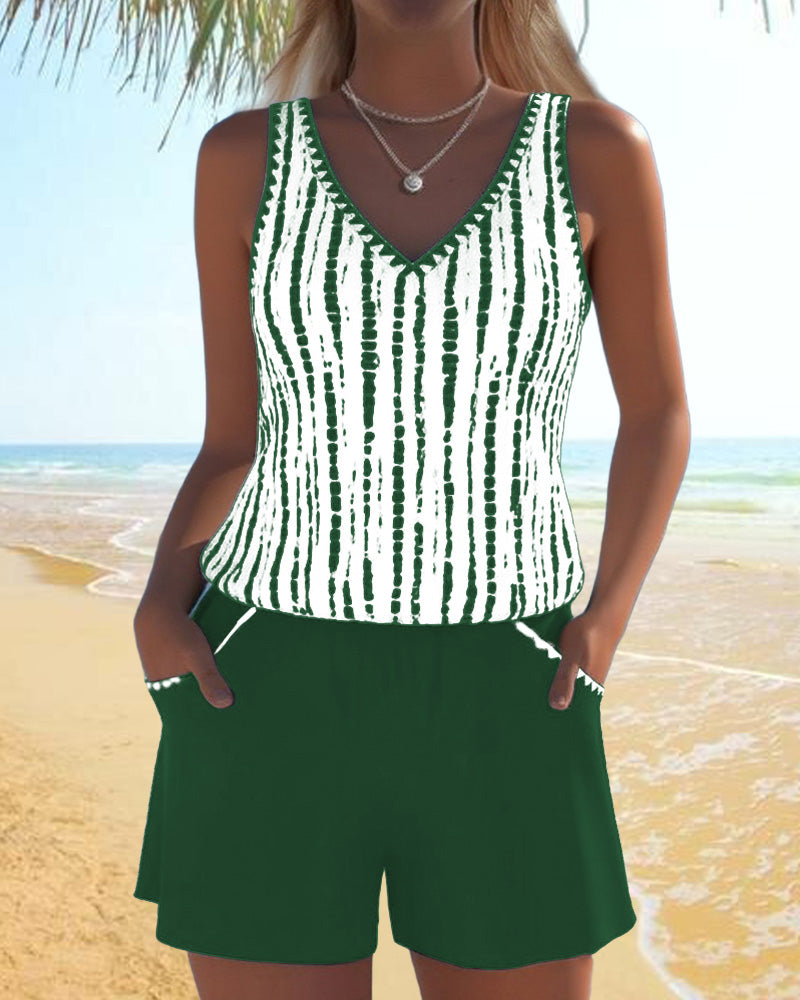 Women's V-Neck Striped Pocket Tankini Set Solid Shorts Beach Pool Vacation Resort Casual Summer Active – Nautica - Lolly 