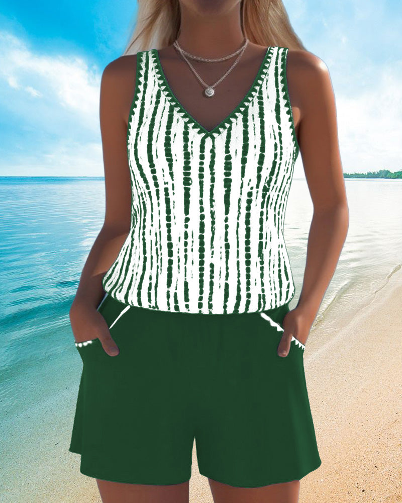 Women's V-Neck Striped Pocket Tankini Set Solid Shorts Beach Pool Vacation Resort Casual Summer Active – Nautica - Lolly 
