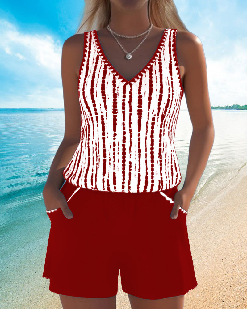 Women's V-Neck Striped Pocket Tankini Set Solid Shorts Beach Pool Vacation Resort Casual Summer Active – Nautica - Lolly 