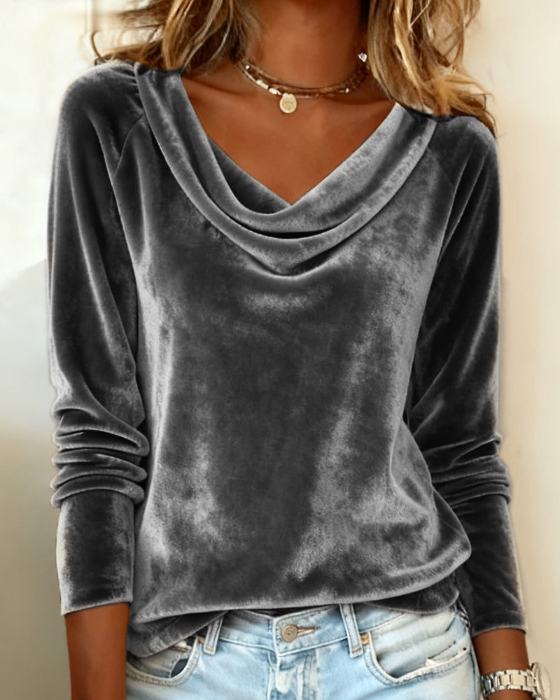 Women's Velvet Cowl Neck Long Sleeve Top Casual Elegant Everyday Work Party Holiday Festive Soft – Veloria - Lolly 