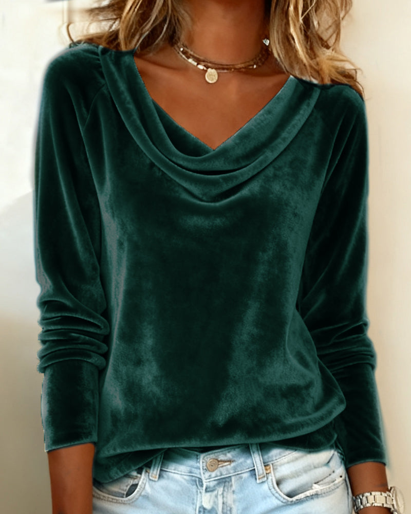 Women's Velvet Cowl Neck Long Sleeve Top Casual Elegant Everyday Work Party Holiday Festive Soft – Veloria - Lolly 