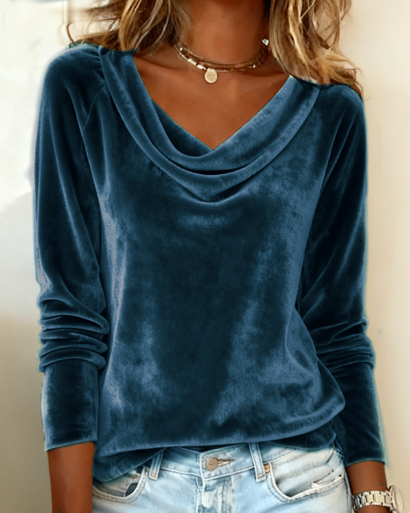Women's Velvet Cowl Neck Long Sleeve Top Casual Elegant Everyday Work Party Holiday Festive Soft – Veloria - Lolly 