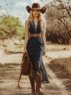 Women's Vintage Boho Lace Sleeveless Midi Dress Cowgirl Garden Party Everyday Romantic – Navy Blue - Lolly 