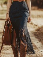 Women's Vintage Boho Lace Sleeveless Midi Dress Cowgirl Garden Party Everyday Romantic – Navy Blue - Lolly 
