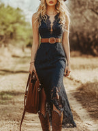 Women's Vintage Boho Lace Sleeveless Midi Dress Cowgirl Garden Party Everyday Romantic – Navy Blue - Lolly 