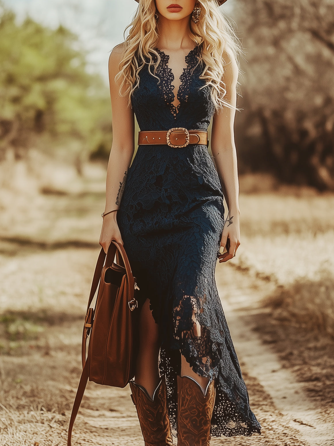Women's Vintage Boho Lace Sleeveless Midi Dress Cowgirl Garden Party Everyday Romantic – Navy Blue - Lolly 