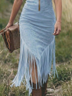 Women's Vintage Denim Cowgirl Mini Party Dress Sleeveless Lapel Zipper Tassel Casual Slim Fit- IsaCow - Lolly 