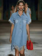 Women's Vintage Denim Shirt Mini Dress Short Sleeve Tassel Fringe Lapel Button Casual Summer Everyday Beach – Light Blue Loose Fit - Lolly 