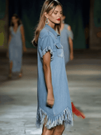 Women's Vintage Denim Shirt Mini Dress Short Sleeve Tassel Fringe Lapel Button Casual Summer Everyday Beach – Light Blue Loose Fit - Lolly 
