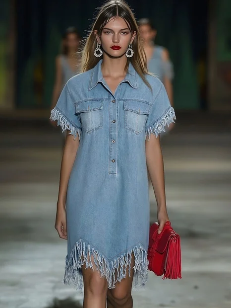 Women's Vintage Denim Shirt Mini Dress Short Sleeve Tassel Fringe Lapel Button Casual Summer Everyday Beach – Light Blue Loose Fit - Lolly 