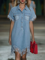 Women's Vintage Denim Shirt Mini Dress Short Sleeve Tassel Fringe Lapel Button Casual Summer Everyday Beach – Light Blue Loose Fit - Lolly 