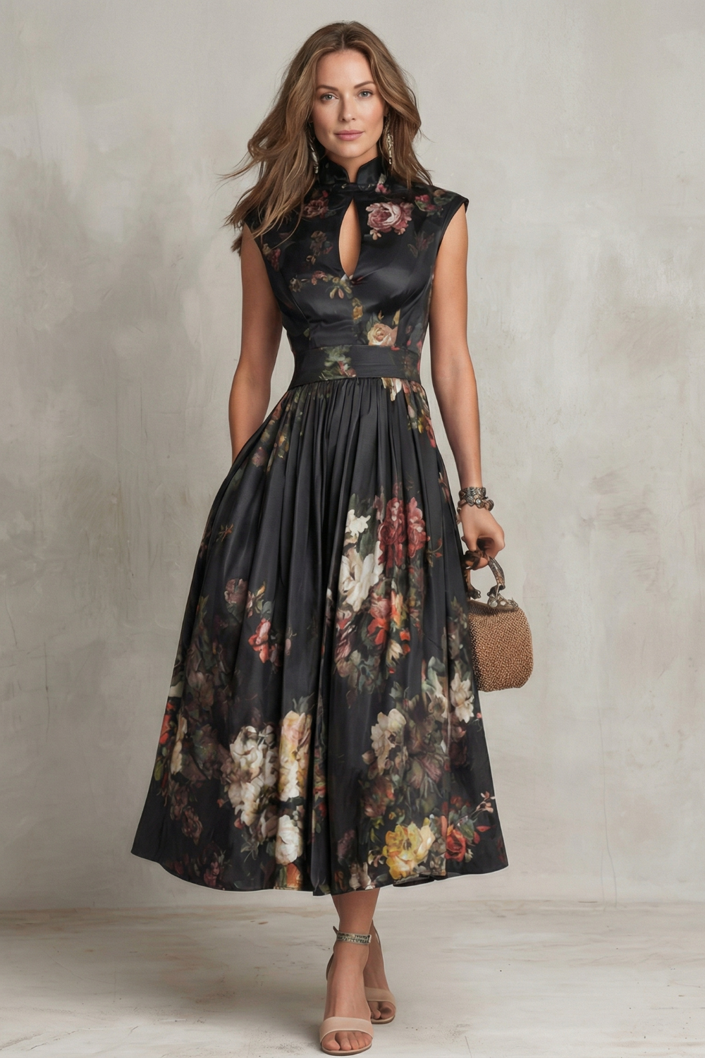 Women's Vintage Floral Pleated Midi Dress High Collar Keyhole Neckline Sleeveless Formal Elegant Wedding Guest Garden Cocktail Evening – Noirelle - Lolly 