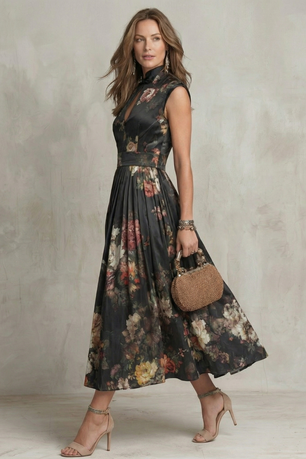 Women's Vintage Floral Pleated Midi Dress High Collar Keyhole Neckline Sleeveless Formal Elegant Wedding Guest Garden Cocktail Evening – Noirelle - Lolly 