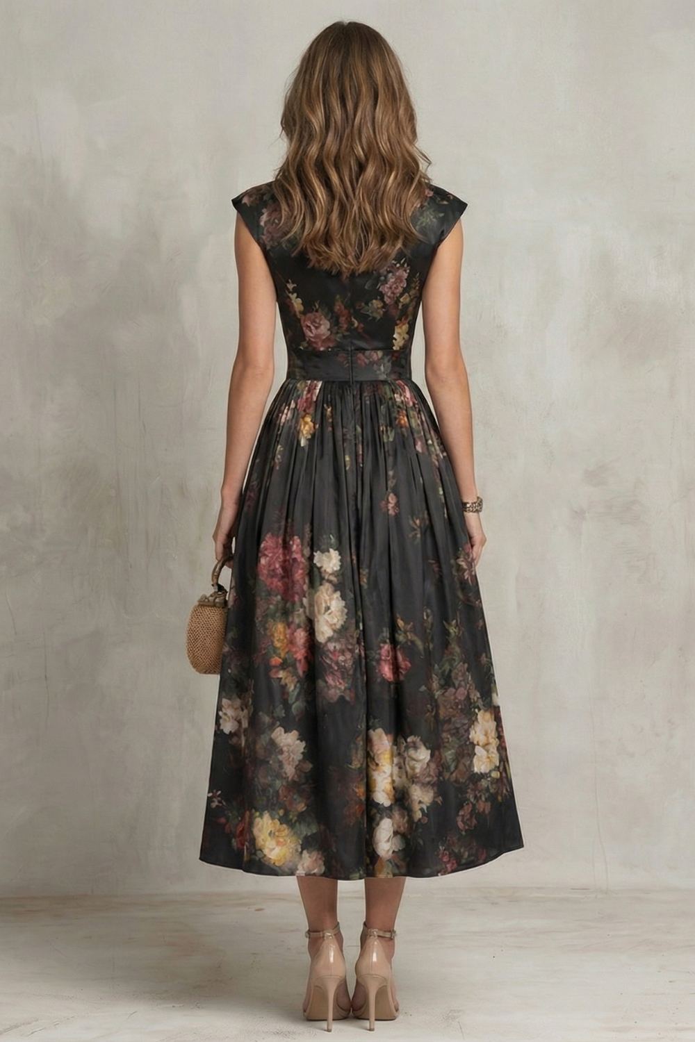 Women's Vintage Floral Pleated Midi Dress High Collar Keyhole Neckline Sleeveless Formal Elegant Wedding Guest Garden Cocktail Evening – Noirelle - Lolly 
