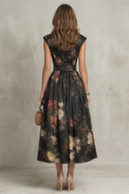 Women's Vintage Floral Pleated Midi Dress High Collar Keyhole Neckline Sleeveless Formal Elegant Wedding Guest Garden Cocktail Evening – Noirelle - Lolly 
