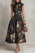 Women's Vintage Floral Pleated Midi Dress High Collar Keyhole Neckline Sleeveless Formal Elegant Wedding Guest Garden Cocktail Evening – Noirelle - Lolly 