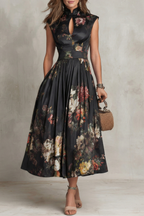 Women's Vintage Floral Pleated Midi Dress High Collar Keyhole Neckline Sleeveless Formal Elegant Wedding Guest Garden Cocktail Evening – Noirelle - Lolly 