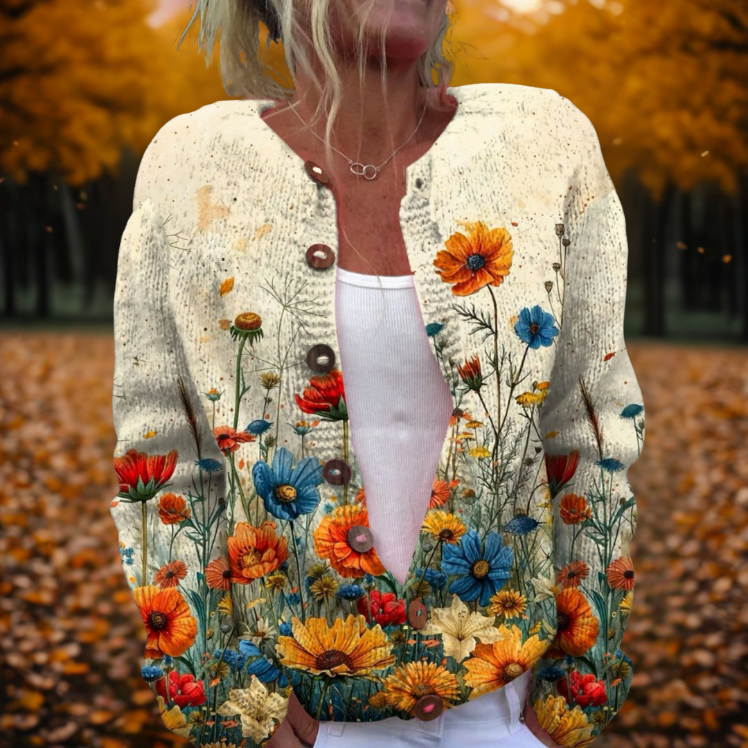 Women's Vintage Floral Print Cardigan Open Front Knit Sweater Casual Fall - Lolly 