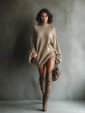 Women's Vintage Knit Mini Party Dress Long Sleeve Loose Fit Cozy Casual Retro – Caramel Brown - Lolly 