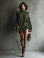 Women's Vintage Knit Mini Party Dress Long Sleeve Loose Fit Cozy Casual Retro – Caramel Brown - Lolly 