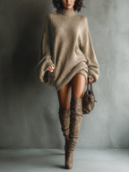 Women's Vintage Knit Mini Party Dress Long Sleeve Loose Fit Cozy Casual Retro – Caramel Brown - Lolly 