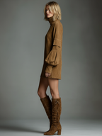 Women's Vintage Suede Mini Party Dress Turtleneck Long Sleeve Loose Fit Casual Retro – Brown - Lolly 