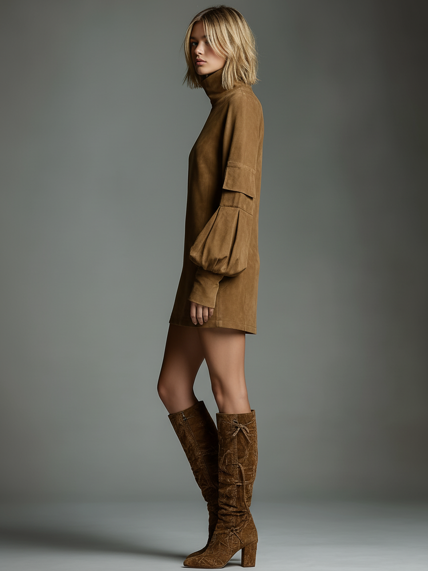 Women's Vintage Suede Mini Party Dress Turtleneck Long Sleeve Loose Fit Casual Retro – Brown - Lolly 