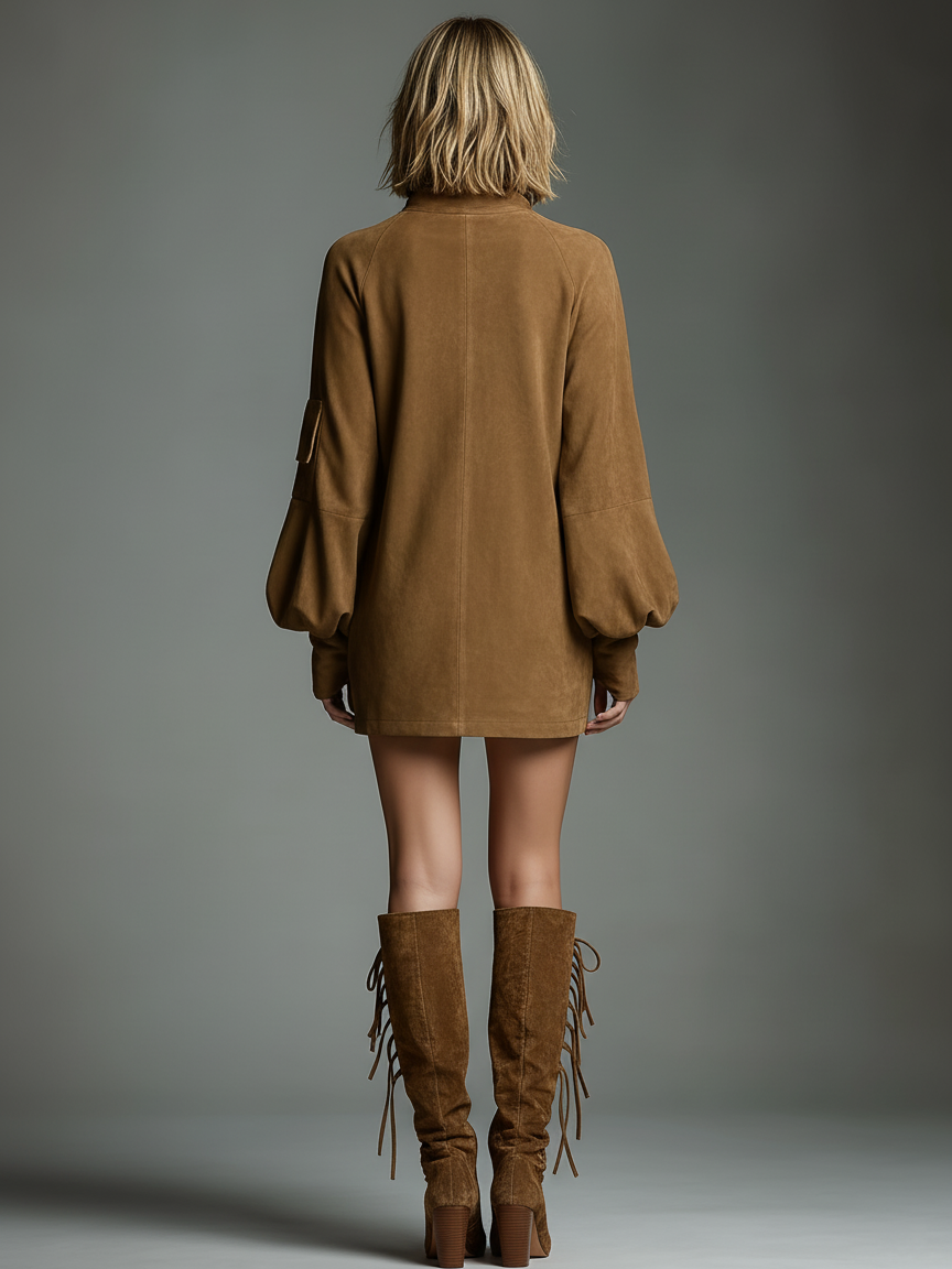 Women's Vintage Suede Mini Party Dress Turtleneck Long Sleeve Loose Fit Casual Retro – Brown - Lolly 