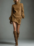 Women's Vintage Suede Mini Party Dress Turtleneck Long Sleeve Loose Fit Casual Retro – Brown - Lolly 