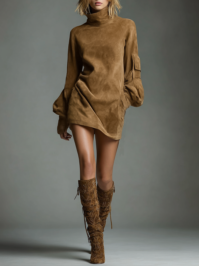 Women's Vintage Suede Mini Party Dress Turtleneck Long Sleeve Loose Fit Casual Retro – Brown - Lolly 