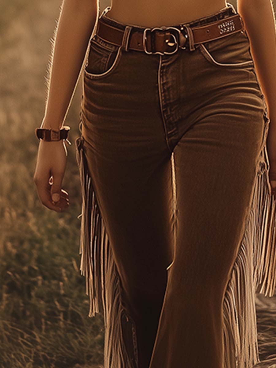 Women's Vintage Western Flared Jeans Fringe Tassel Loose Fit Casual Retro Denim – Brown - Lolly 